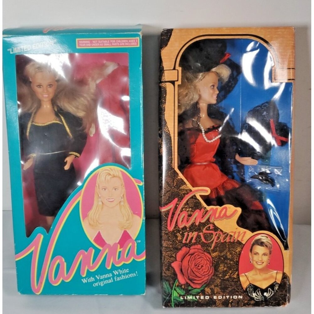 (2) Vanna White Limited Edition Spain Doll & Doll Black & Gold Dress Vintage